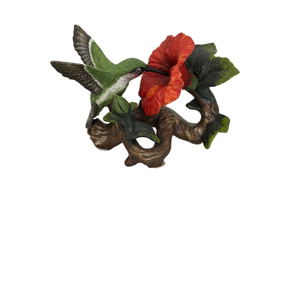 Signature Masterworks Hummingbird Figurine Vintage Green Hibiscus Flower